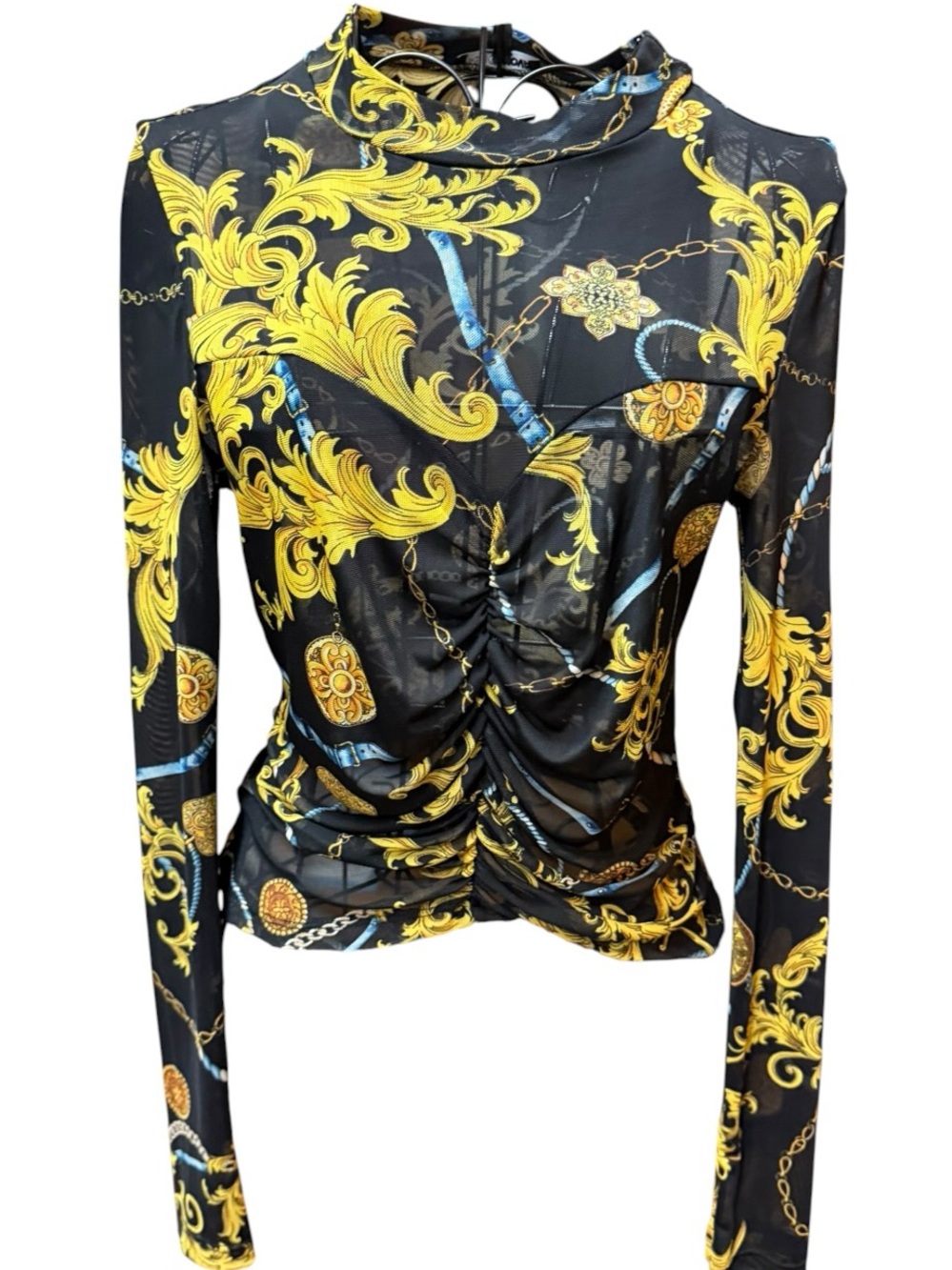 Black & Gold Baroque Print Long-Sleeve Ruched Top Medium